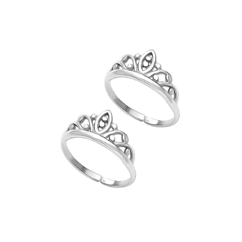 Minimalist rings with tiny diamond dot accents -925 Sterling Silver Designer Oxidized Crown Toe Rings  for Women