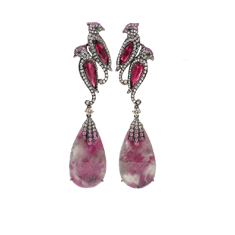 Drop Earrings with Hammered Finish -Rubellite Drop Bird Earrings