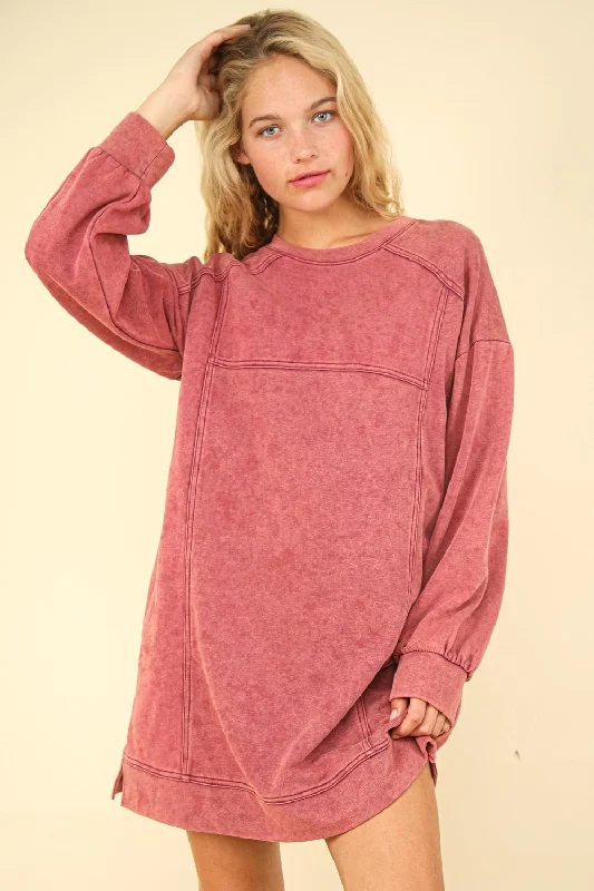 Tie-up Dresses for Decorative -Autumn Magenta Mineral Washed Oversized Sweatshirt Mini Dress