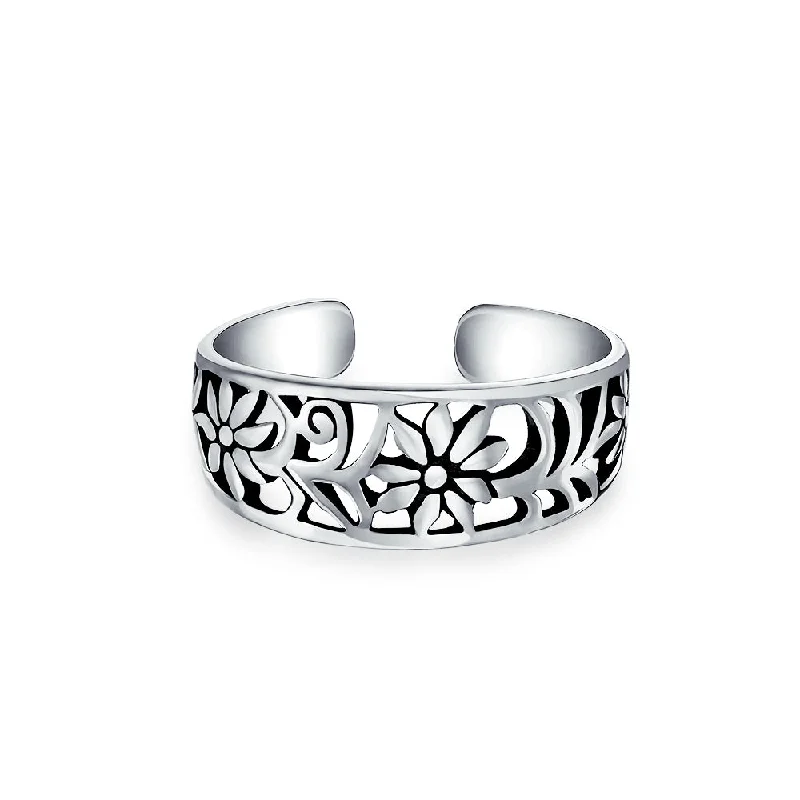 Rings with wide bands for statement wear -Flowers Carved Swirl Filigree Sterling Silver Midi Toe Ring