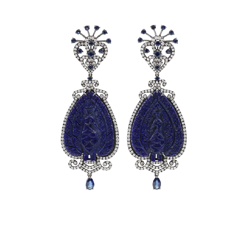 Push Back Drop Earrings for Convenience -Carved Lapis Peacock Earrings