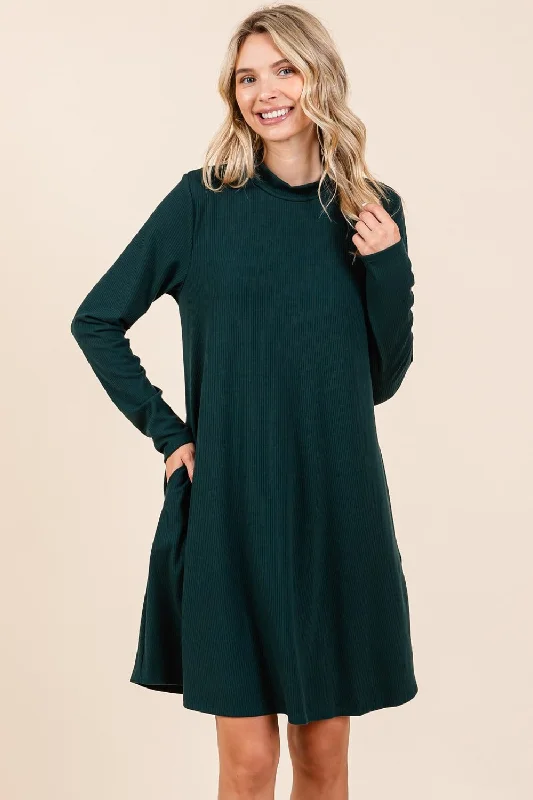 Modern Dresses for Trendy -Black Casual Mock Neck Long Sleeve Dress with Pockets