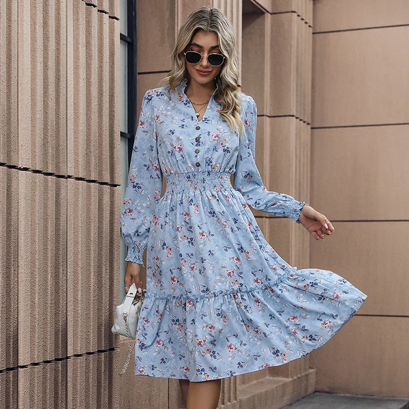 Blue Dresses for Classic -Women's Fashion Casual Long Sleeve Floral Dress