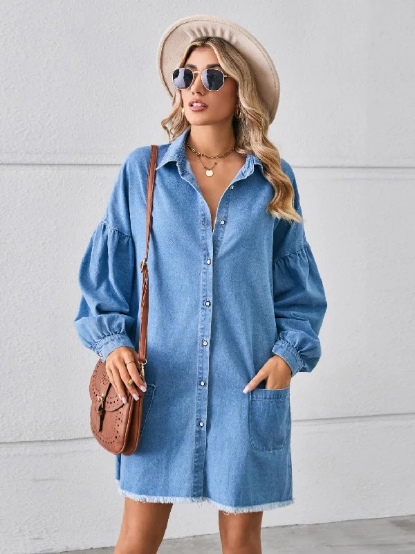 Animal Print Dresses for Fun -Button Up Pocketed Raw Hem Denim Dress