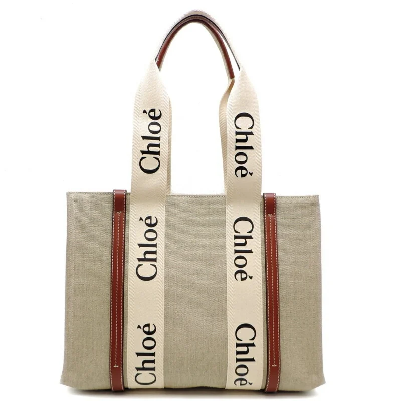 Handle bags with woven fabric for texture -Chloé  Linen Tote Bag (Pre-Owned)