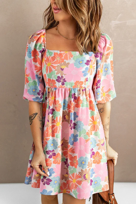 Halter Dresses for Chic Style -Bloom Burst Printed Half Sleeve Mini Dress