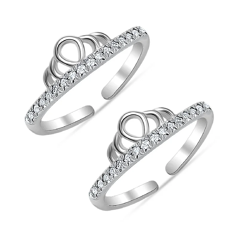 Rings with moonstone gems for ethereal glow -925 Sterling Silver Classic Cubic Zirconia Crown Shape Adjustable Toe Ring for Women