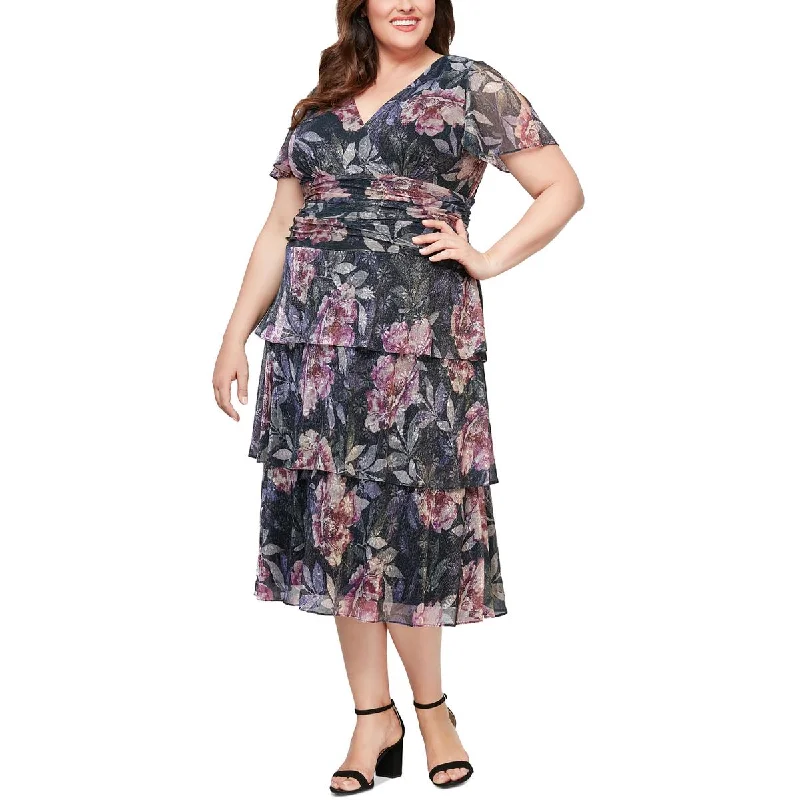 Elastic Dresses for Fit -SLNY Womens Plus Floral Print Tiered Skirt Midi Dress