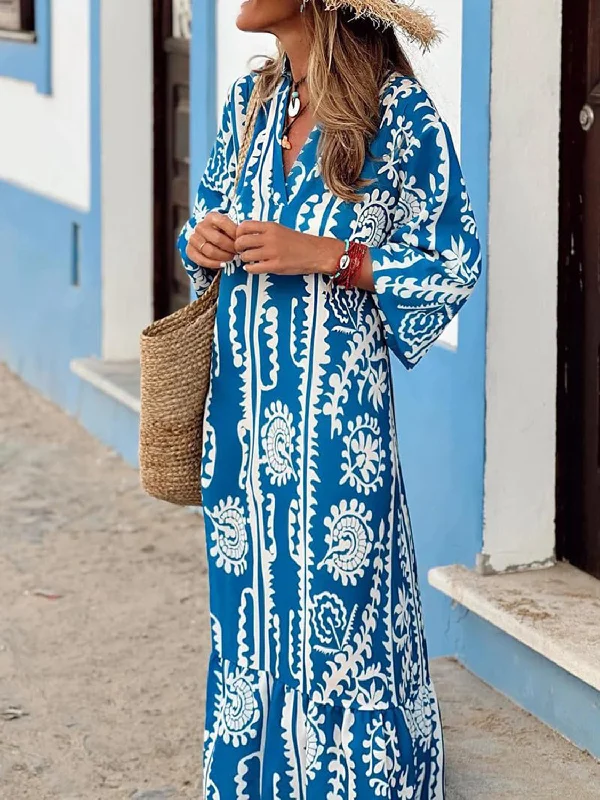 Brown Dresses for Earthy -Blue Ocean  Printed Boho  Maxi Dress with Half Sleeve