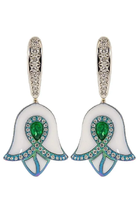 Emerald, Diamond, and Titanium Drop Earrings