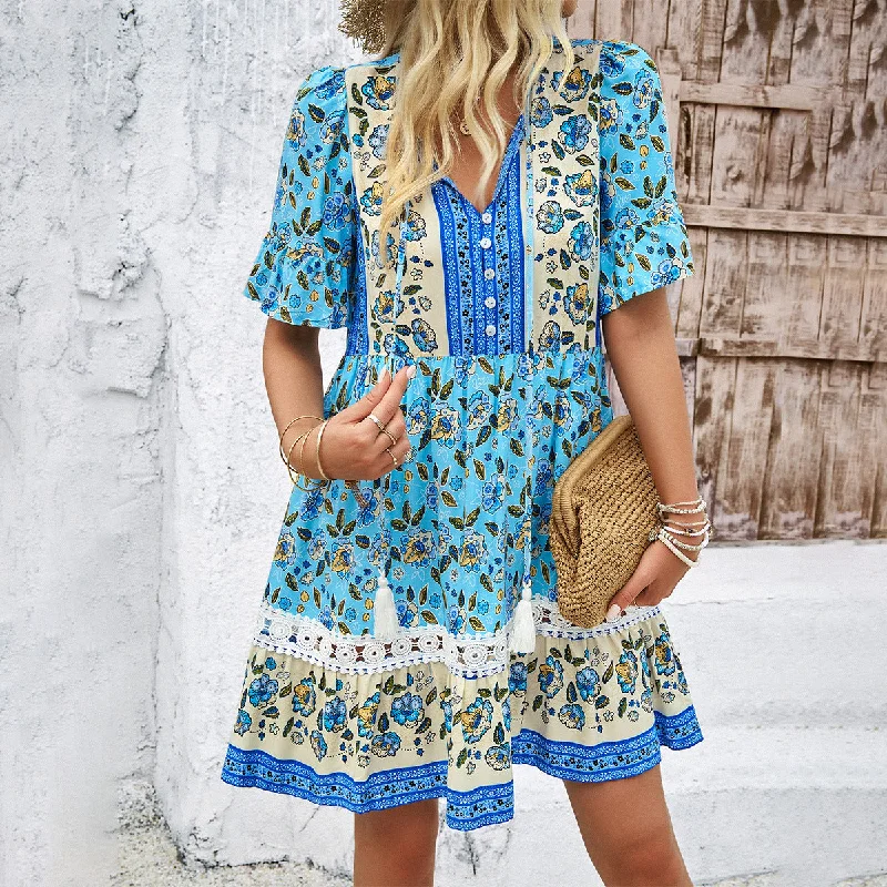 Sequined Dresses for Sparkle -Breezy Floral Blue Print Casual Ruffle  Dress