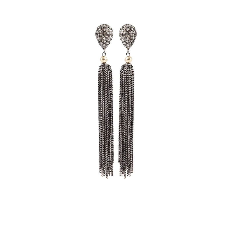 Vintage Drop Earrings with Patina -Silver Tassel Diamond Post Earrings