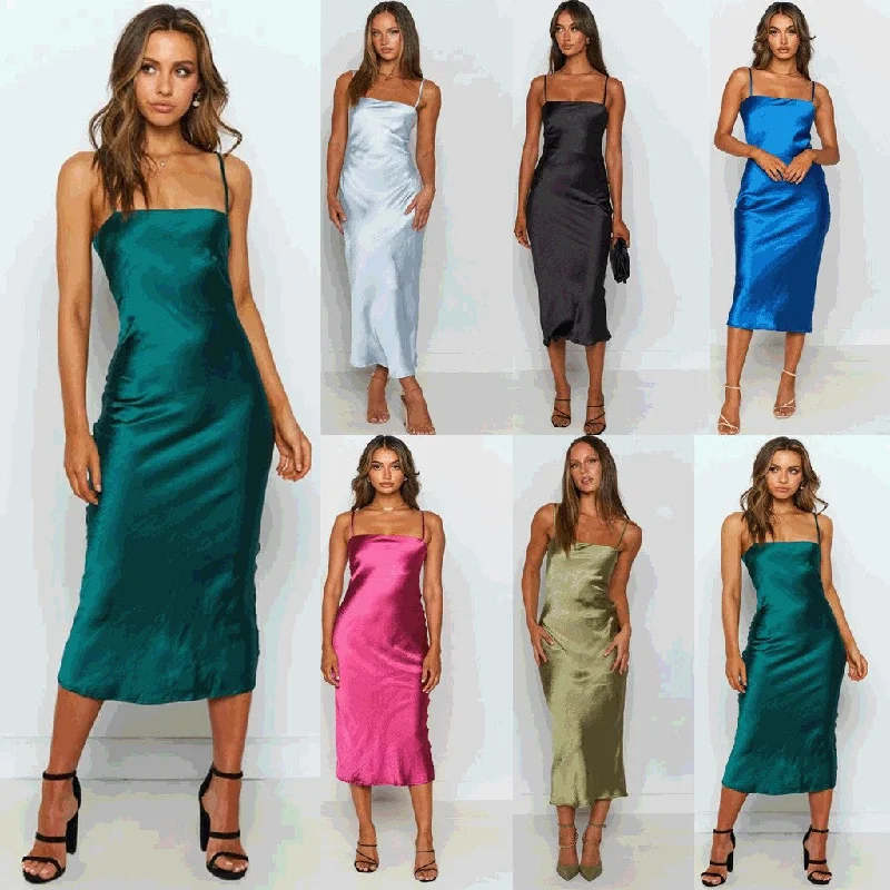 Satin Dresses for Shiny Look -Backless Lace Up Slim Fit Tight Satin Elegant Suspender Dress