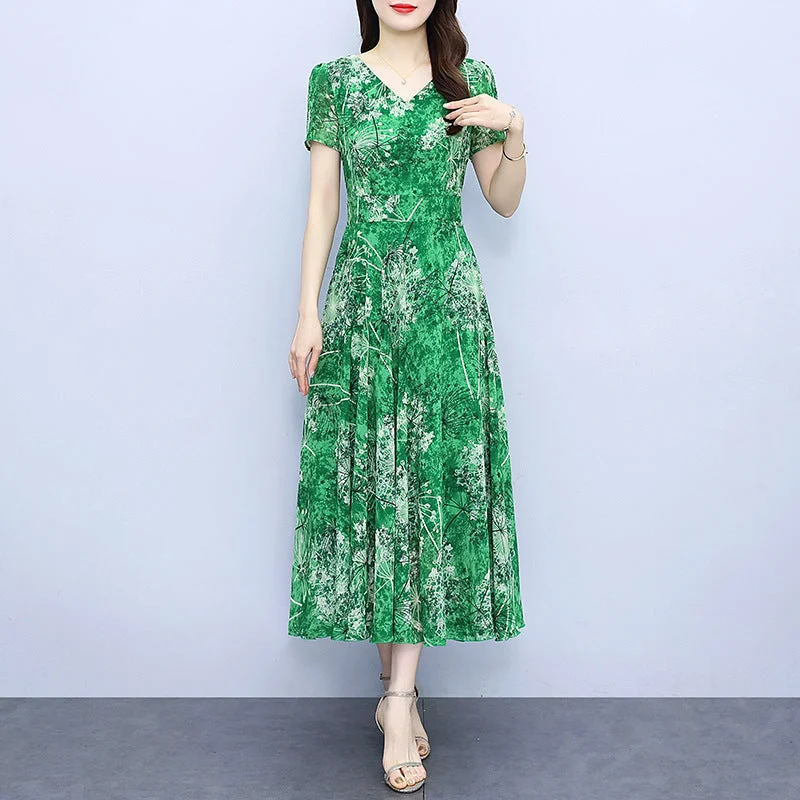 Mini Dresses for Youthful Look -Artistic Chiffon Green Floral Dress with Princess Sleeves