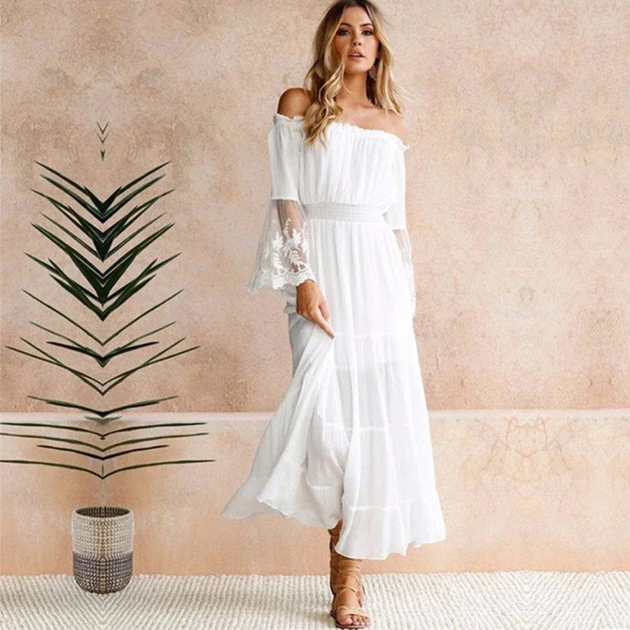 Geometric Dresses for Modern -Boho White Elegant Off The Shoulder Beach Sundress