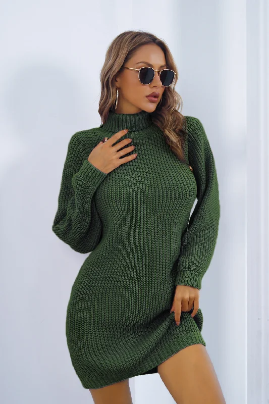 Khaki Dresses for Casual -Buttoned Turtleneck Long Sleeve Mini Sweater Dress