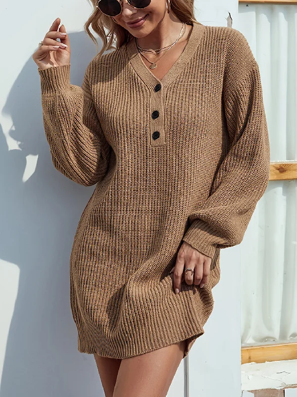 Formal Dresses for Occasions -Caramel V-Neck  Mini Sweater Dress with Dropped Shoulder