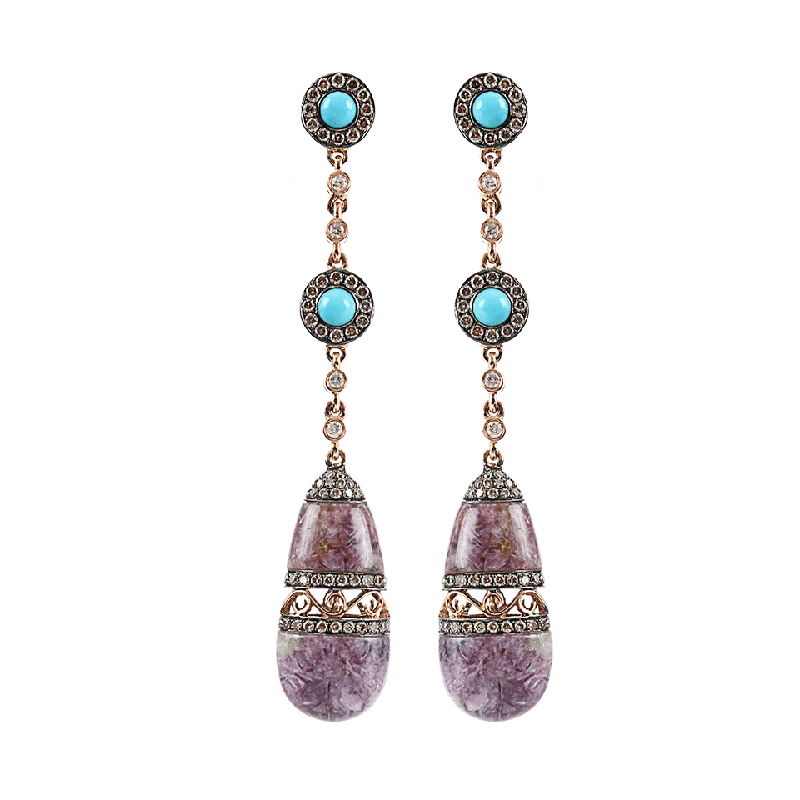 Silver Drop Earrings for Men -Charoite and Turquoise Drop Earrings