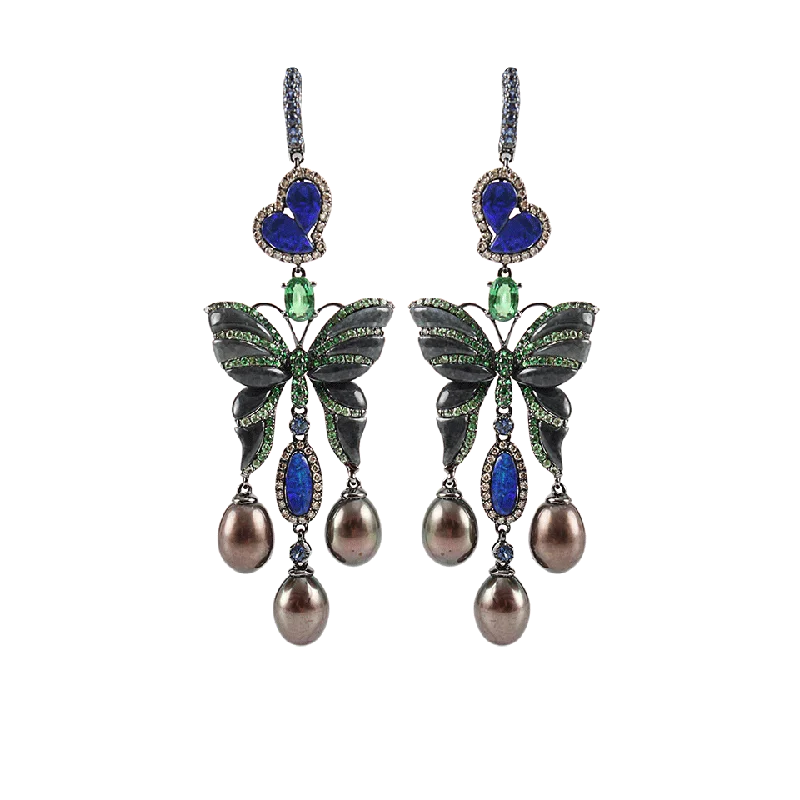 Pearl Drop Earrings for Elegance -Black Pearl Jade and Opal Butterfly Earrings