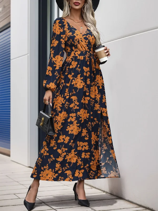 Maxi Dresses for Elegant Style -Boho Perfee Split Printed Surplice Midi Dress with Long Sleeves