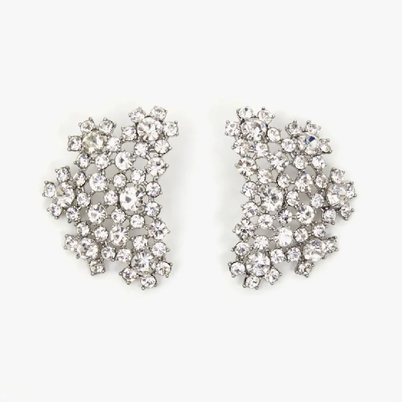 Screw Back Drop Earrings for Security -Encrusted Statement Stud (Rhodium + Clear)