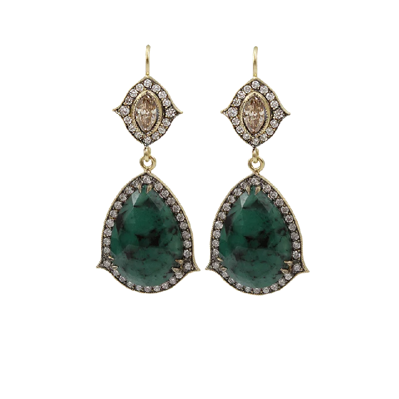 Ethnic Drop Earrings with Tribal Design -Emerald Pear Shape Drop Earrings