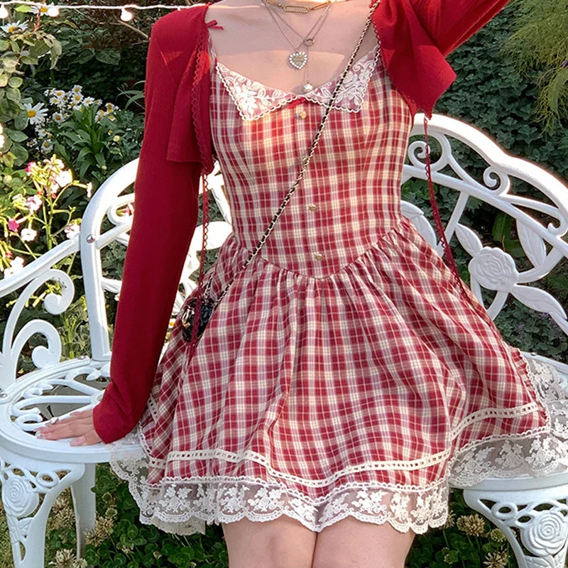 Polyester Dresses for Durable -Women's Suspenders Red Plaid French Dress