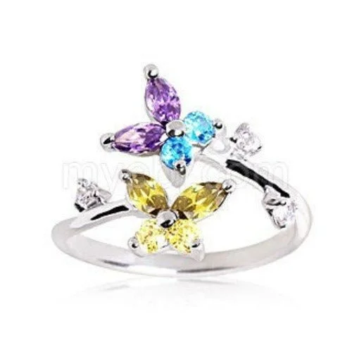 Rings with hexagon-cut stones for trendiness -.925 Sterling Silver Multi Color CZ Butterflies Toe Ring