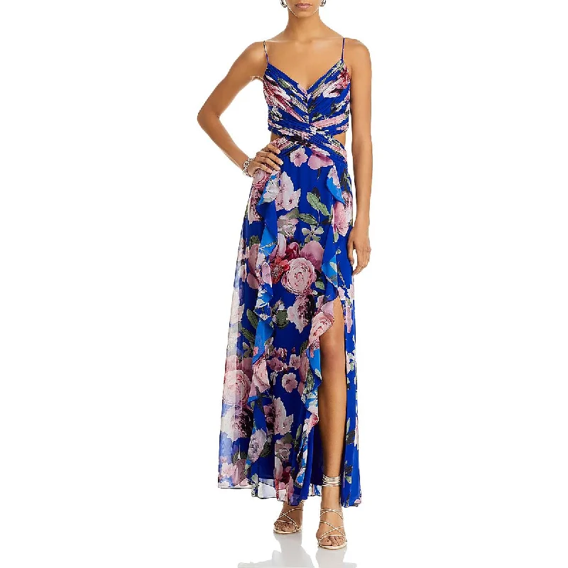 Animal Print Dresses for Fun -Aqua Womens Floral Print Ruched Maxi Dress