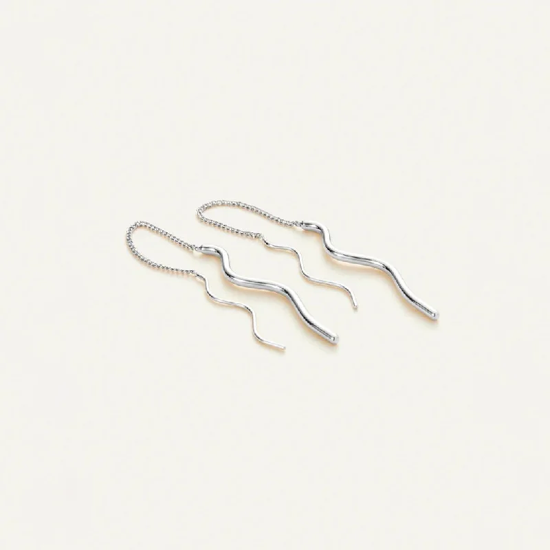 Drop Earrings with Leaf Motifs -Squiggle Threaders (Silver)