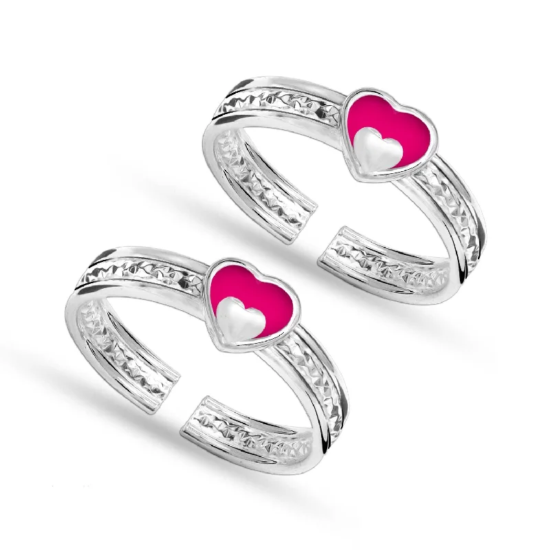 Rings with claw-set moonstone for mystique -925 Sterling Silver Enamel Heart Toe Ring Pair for Women