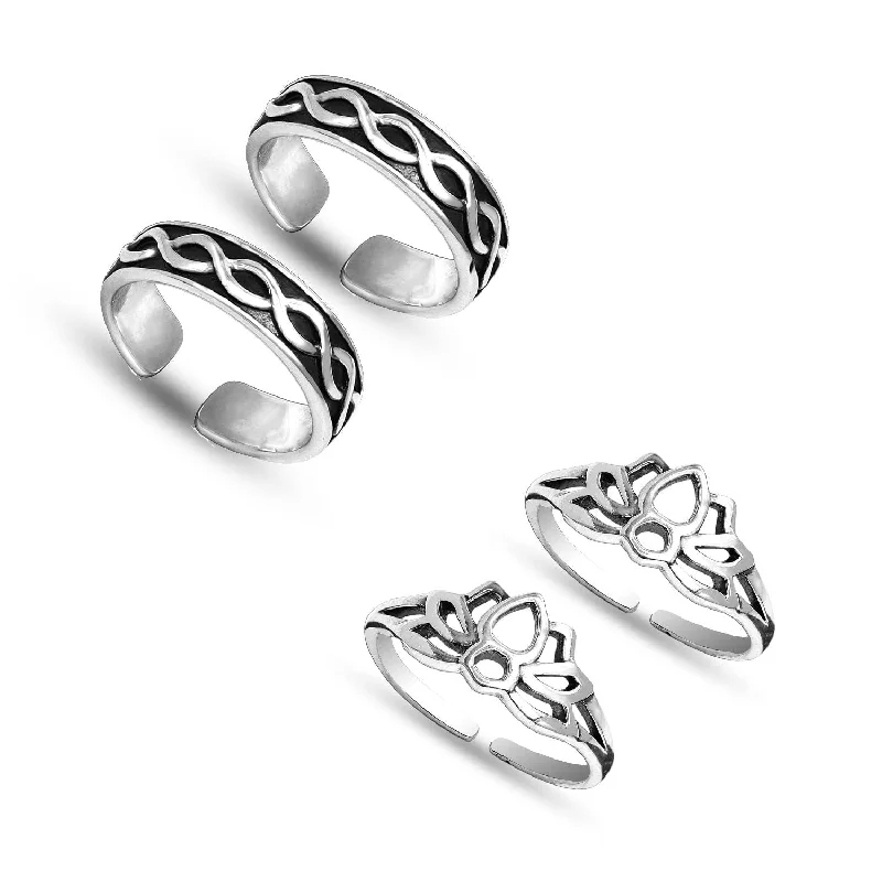 Rings with branch-inspired bands for organic -925 Sterling Silver Set of 2 Pairs Antique Infinity Lotus Style Combo Adjustable Toe Ring for Women