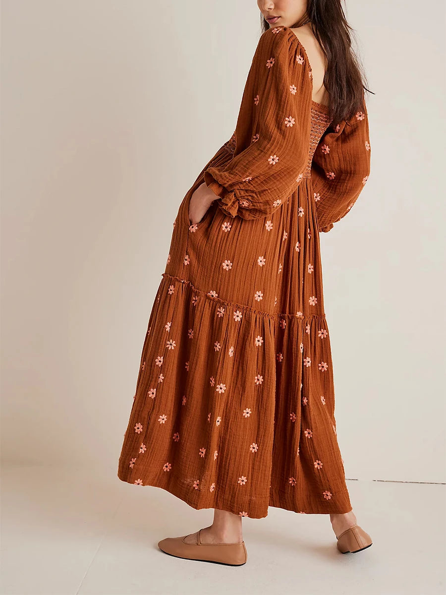 Studded Dresses for Statement -Bohemian Floral Embroidery  Square Neck  Loose Swing Long Dress with 3/4 Puff Sleeves