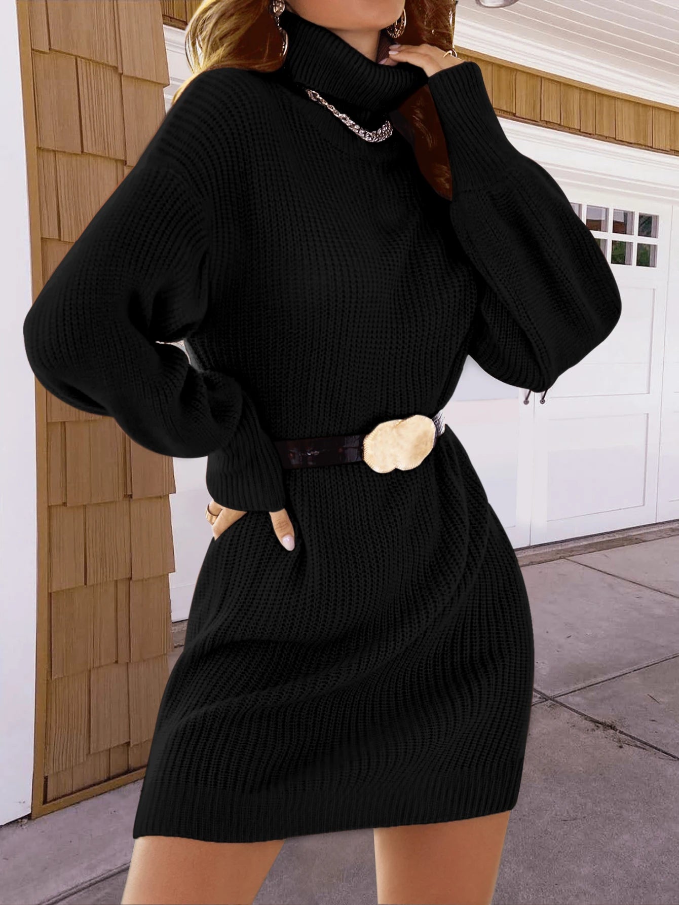 Work Dresses for Professional -Black Turtleneck Mini Sweater Dress with Lantern Sleeve