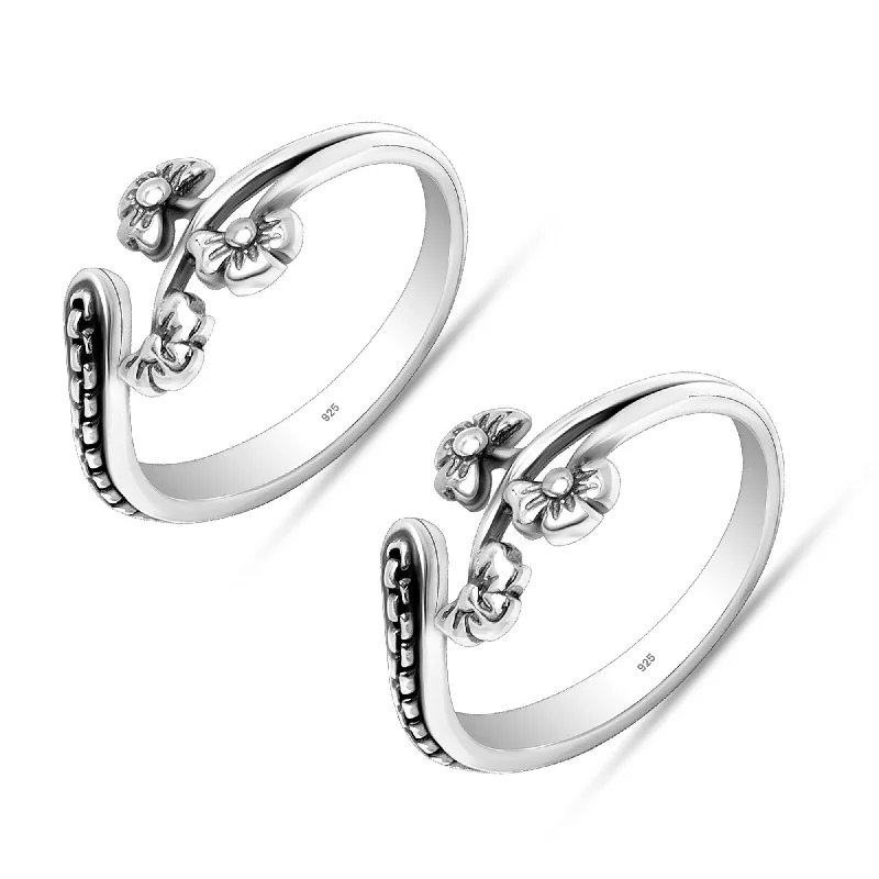 Rings with peridot gems for fresh green -925 Sterling Silver Oxidized Floral Design Toe Rings for Women