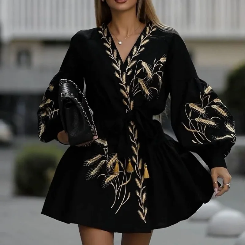 Casual Dresses for Everyday -Fashion Printed Wide Hem Long Sleeve Dress