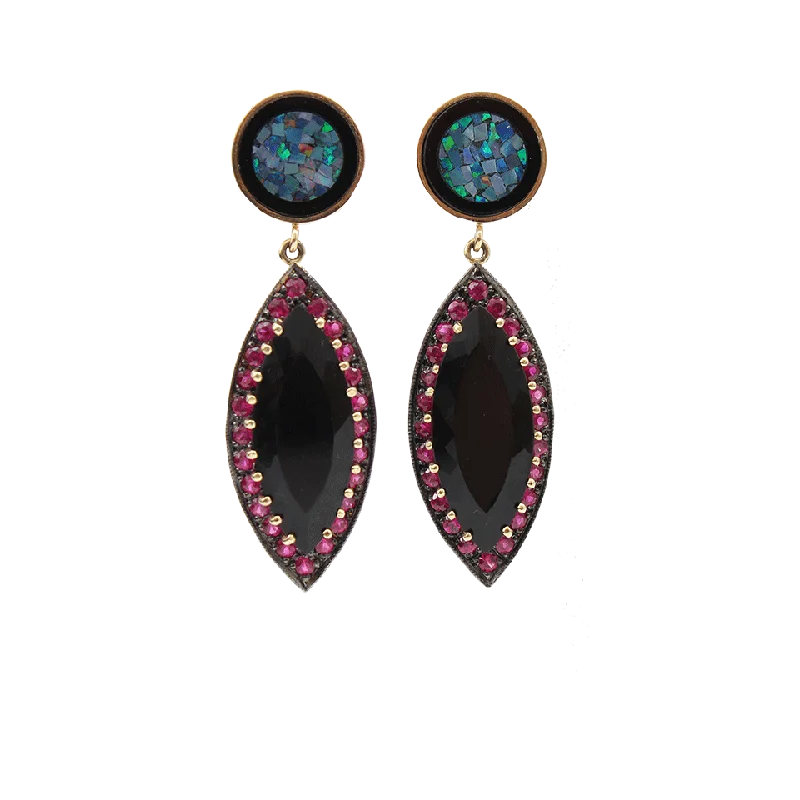 Drop Earrings for Casual Outfit -Mosaic Opal And Black Onyx Marquis Drop Earrings