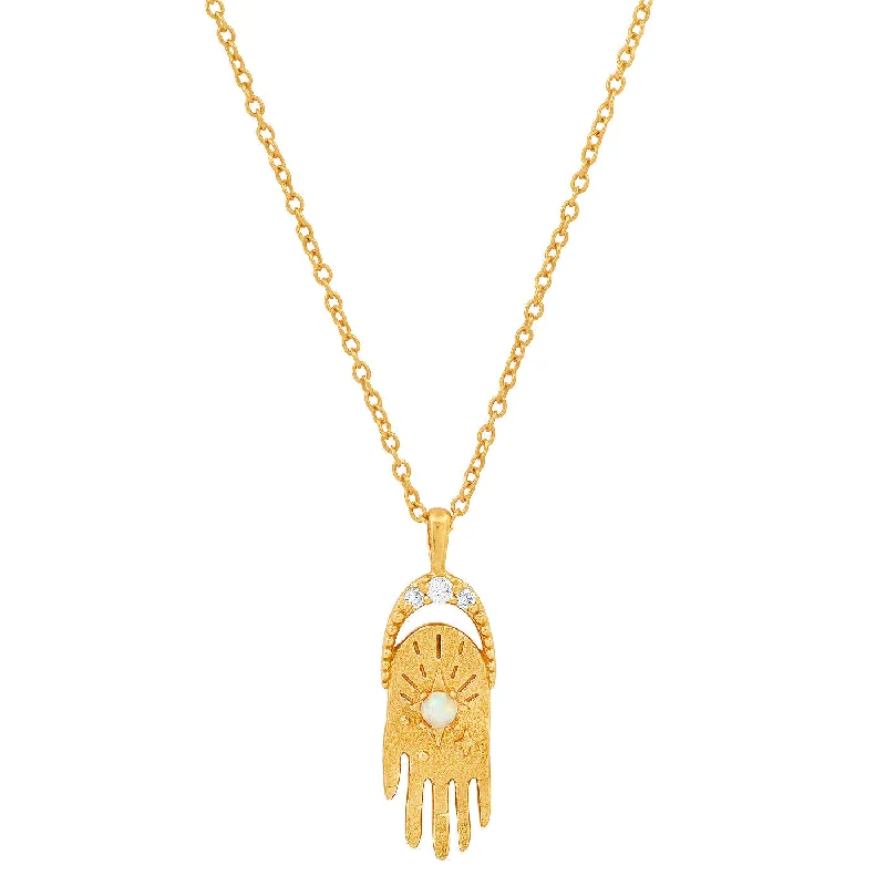 Unique necklaces and pendants with vintage-inspired designs for timeless appeal-Gold Simple Chain Necklace with Opal Eye Hamsa Pendant Necklace