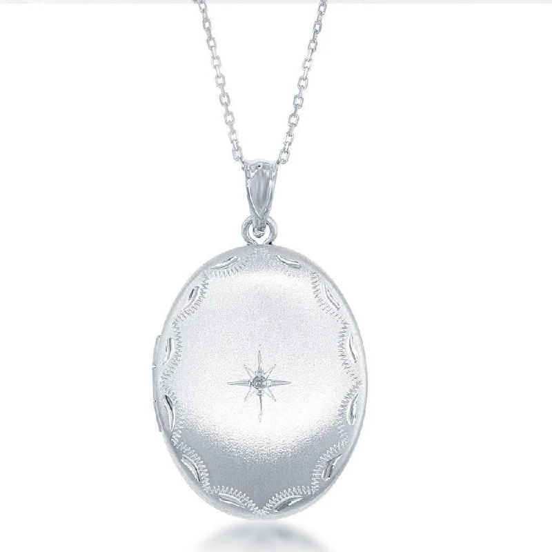 Necklaces and pendants with celestial starburst designs for a radiant look-Sterling Silver Center Diamond Star Oval Locket