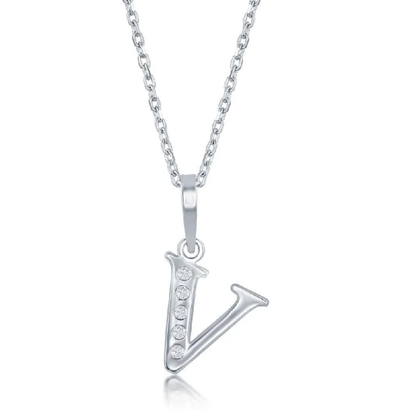 Simple necklaces and pendants with bar pendants for a sleek modern design-Sterling Silver Diamond "V" Initial Pendant Chain